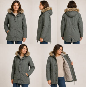 Olive Green Hooded Faux Fur Trim Parka Jacket – Size Large/3XL